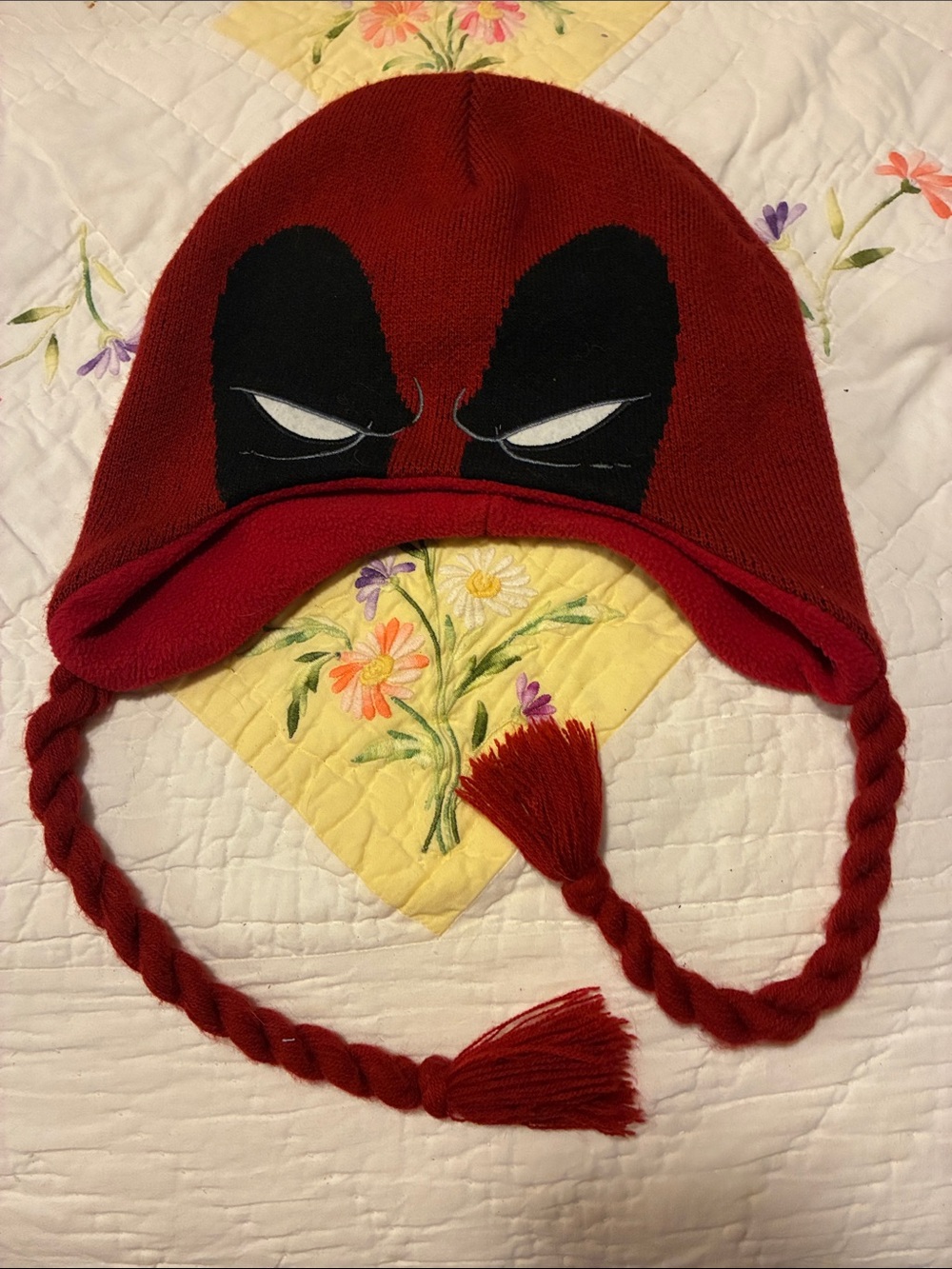 Marvel Red Knit Earflap Beanie with Black Eye Applique